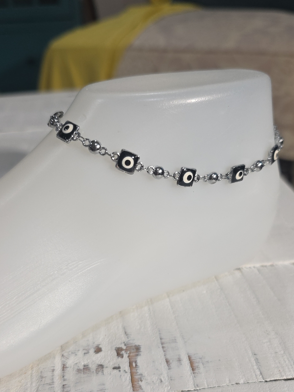 14k Silver Plated Black and White Evil Eye Ankle Braceler